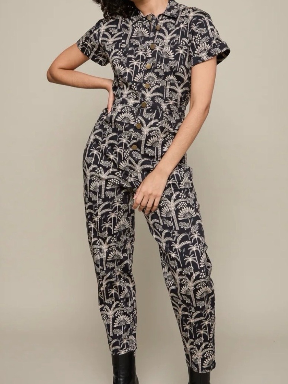 Black Botanical Print Short-Sleeve Utility Jumpsuit